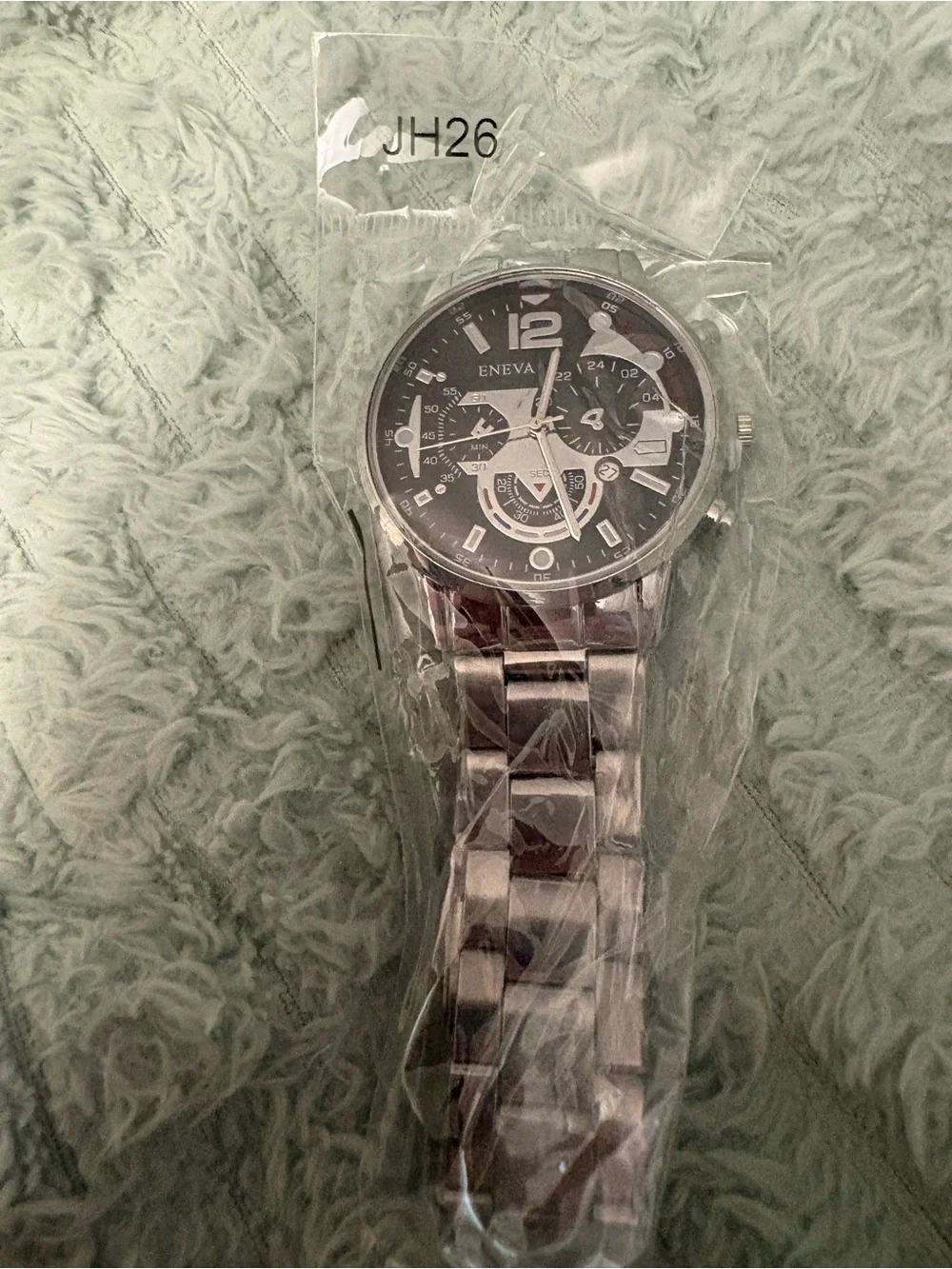 NEW- classic masculine Men's Silver Stainless Steel Watch - Black triple Dial